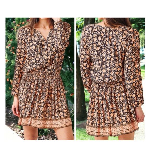 FAHERTY Reva Dress Wanderlust Floral Smocked Waist Blue Orange Sz L #1373 - Picture 1 of 7